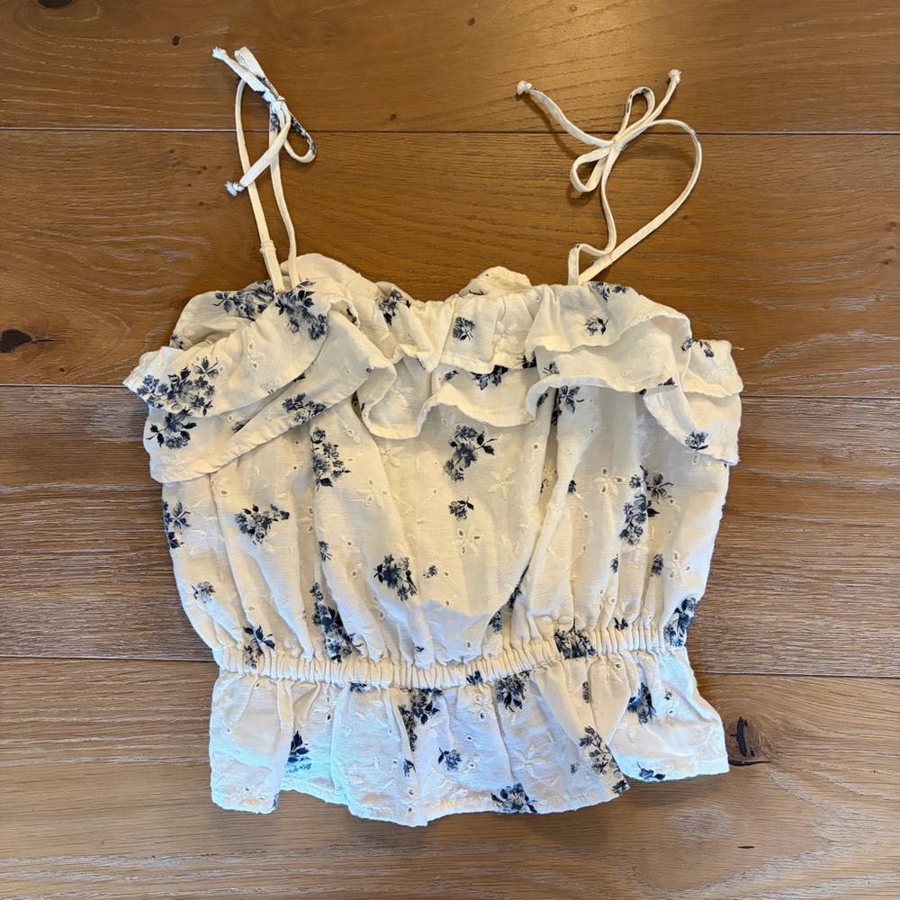 Embroidered Cream & Navy Floral Ruffle Tank